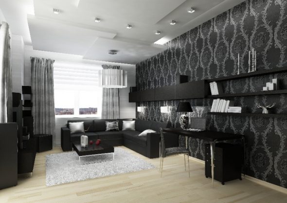 Интерьер гостиной с черной мебелью