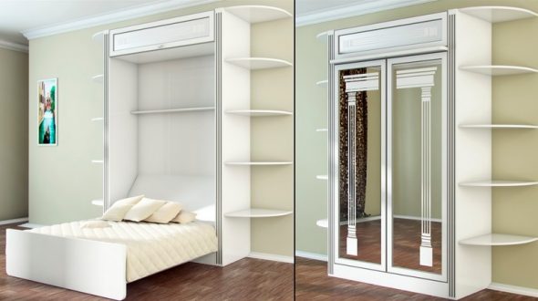 Белый шкаф кровать с зеркальным фасадом