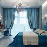 спальня с голубыми шторами и кроватью