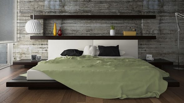 Кровать с полками на стене