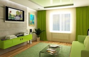 зеленый интерьер гостиной диван
