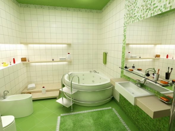зеркало в зеленой ванной