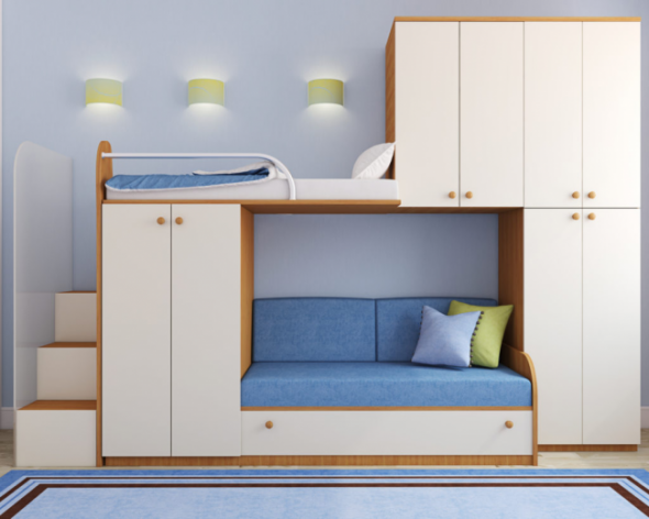 Двухъярусная кровать с диваном внизу и дополнительными шкафчиками