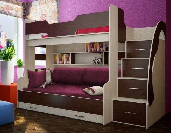 Двухъярусная кровать для детей с диваном 