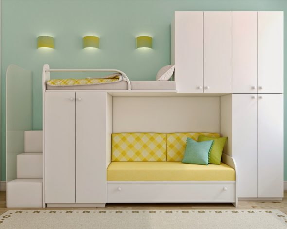 Кровать-чердак с диваном и встроенными шкафчиками