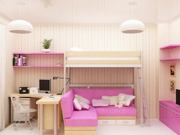 Интерьер комнаты для девочек с кроватью-чердак и угловым диванчиком