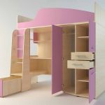 Розовая кровать с угловым шкафом и рабочим местом