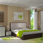 Белый и коричневый цвета в спальне, разбавленные яркими оттенки сочной зелени