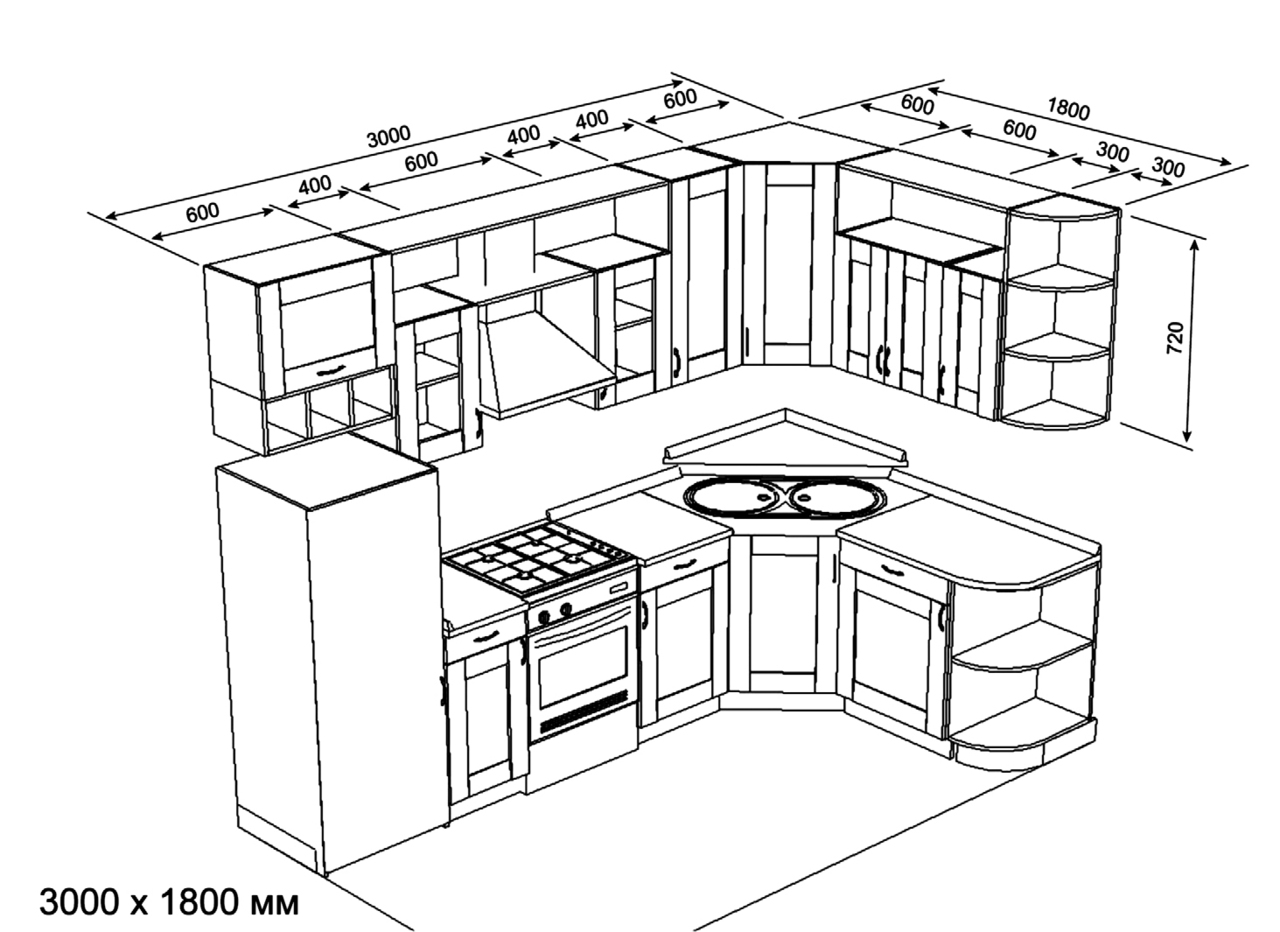 Угловая кухня 1800х1800 с размерами