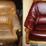 Коричневое кожаное кресло до и после перетяжки