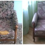 Красивое мягкое кресло с подлокотниками до и после ремонта