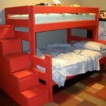 Кровать в два яруса с лестницей-комодом красного цвета