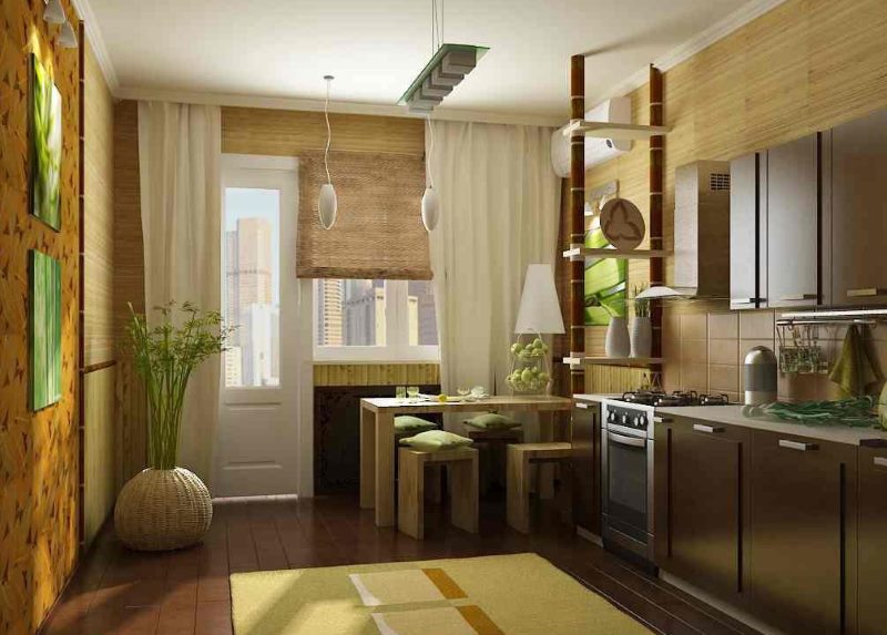 Дизайн кухни с бамбуковыми шторами на окне