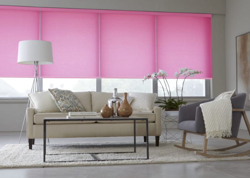 Розовые рулонные шторы из ткани альфа на окнах гостиной