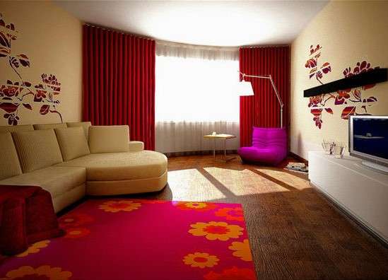 Дизайн спальни с бордовыми шторами