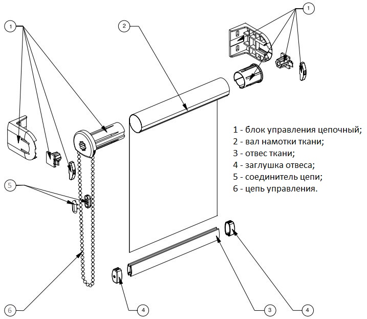 Схема рулонной шторы с цепочным механизмом