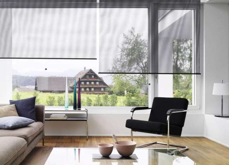 Интерьер гостиной с прозрачными шторами рулонной конструкции