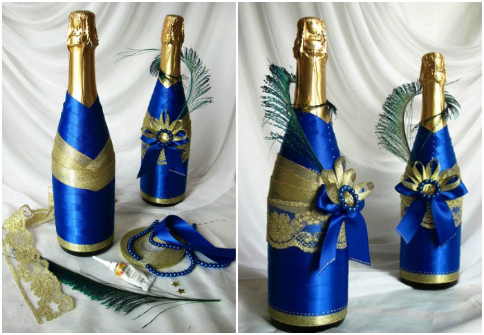 Как декорируют бутылки шампанского на свадьбу