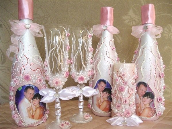 оформление бутылок шампанского на свадьбу декор идеи