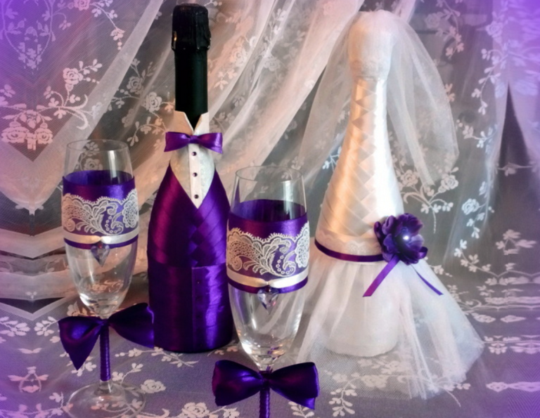 оформление бутылок шампанского на свадьбу фото