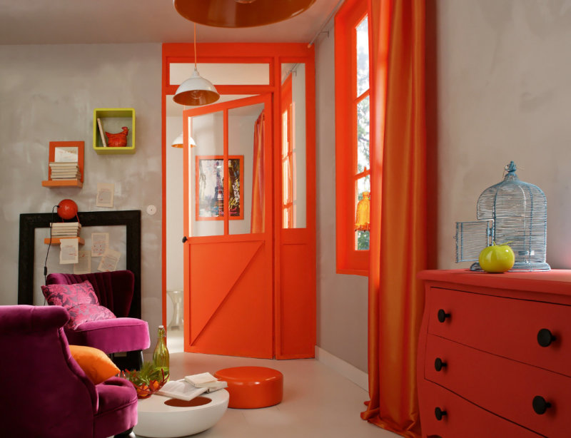 оранжевые шторы лофт
